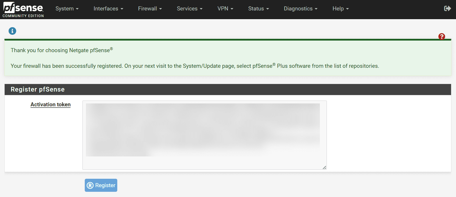 Entering your registration token in your pfSense CE interface