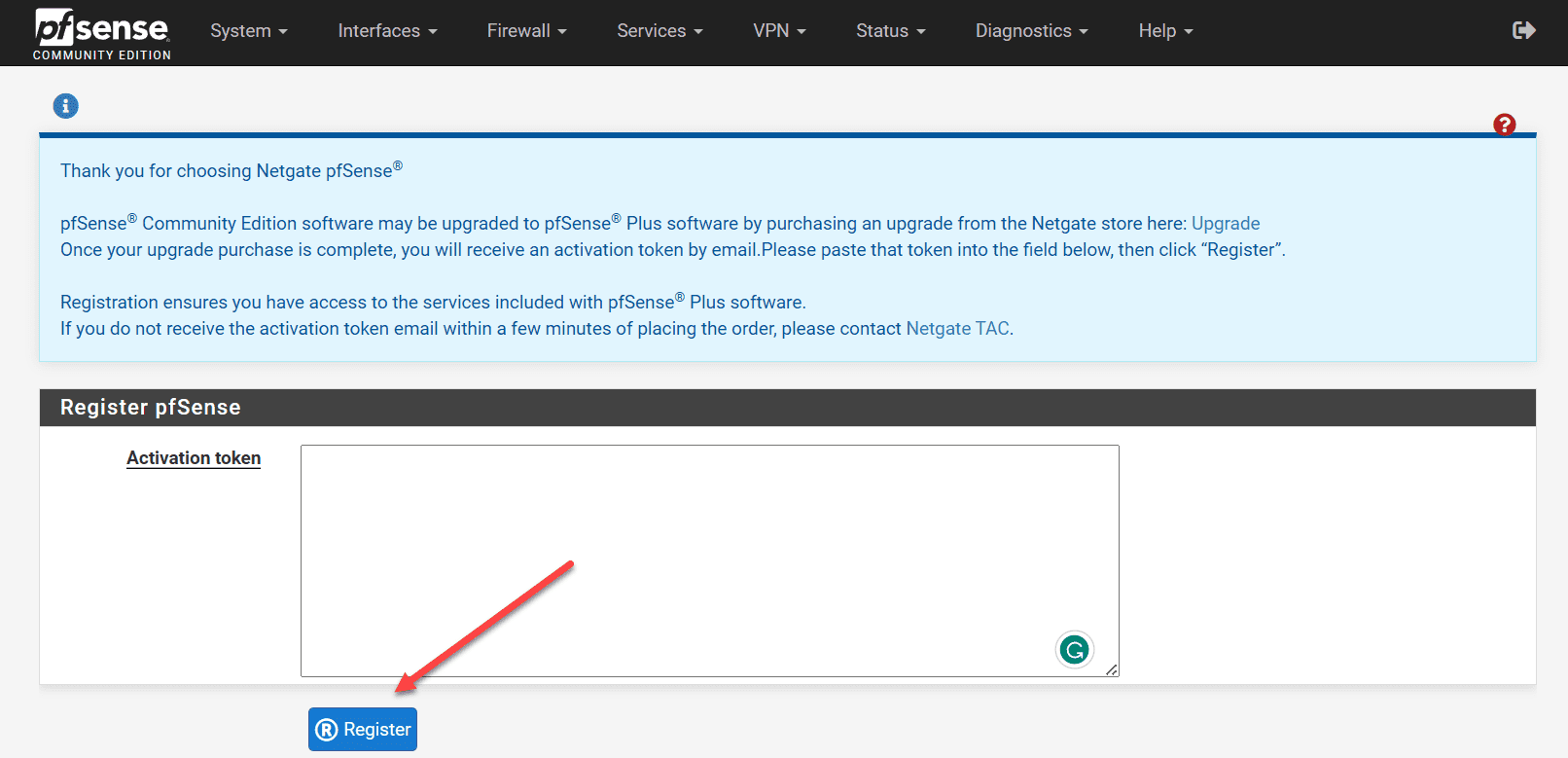 Interface to register your token received via email