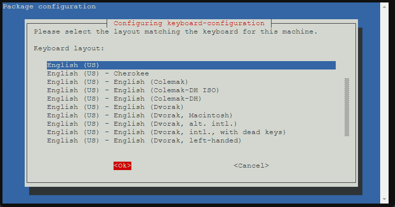 Package configuration screen keyboard layout