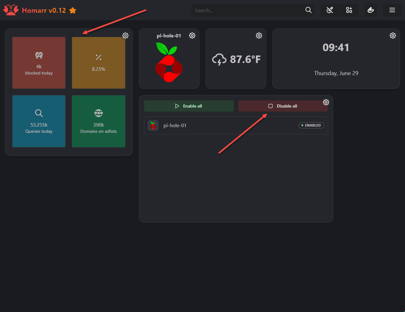 Pi Hole statistics and controls displayed on the Homarr dashboard