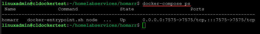Running docker compose ps to see the status of your Homarr container