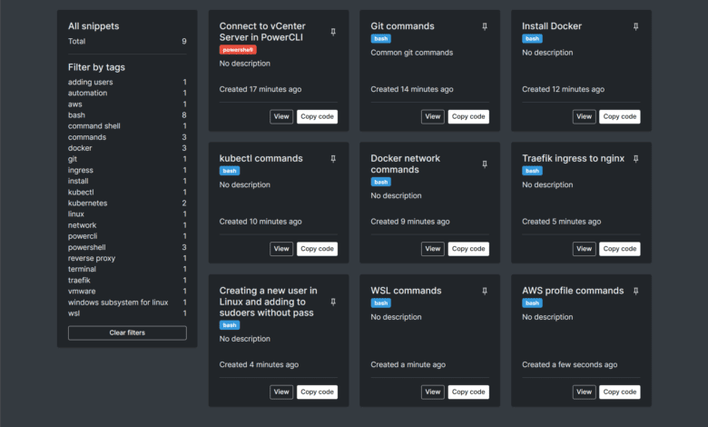 Snippet box Home Lab Dashboard for Code