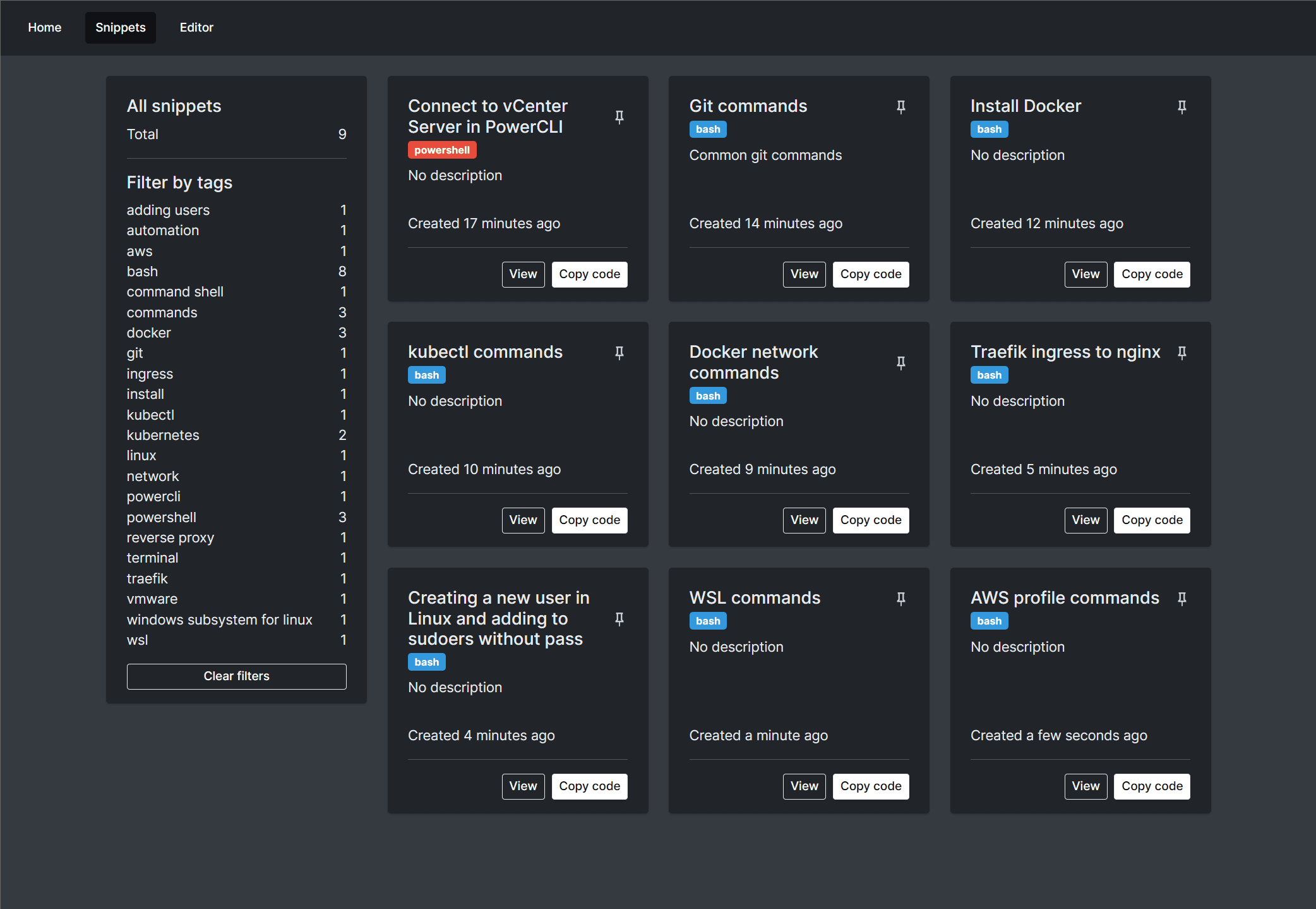 Snippet box Home Lab Dashboard for Code