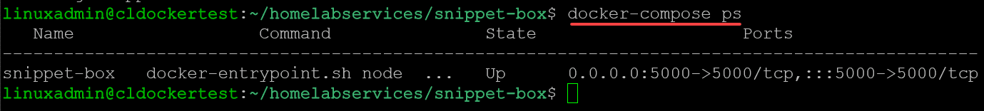 Using docker compose ps to view the status of the container