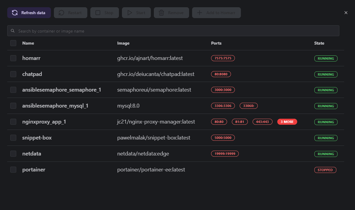 Viewing Docker containers on the Homarr host