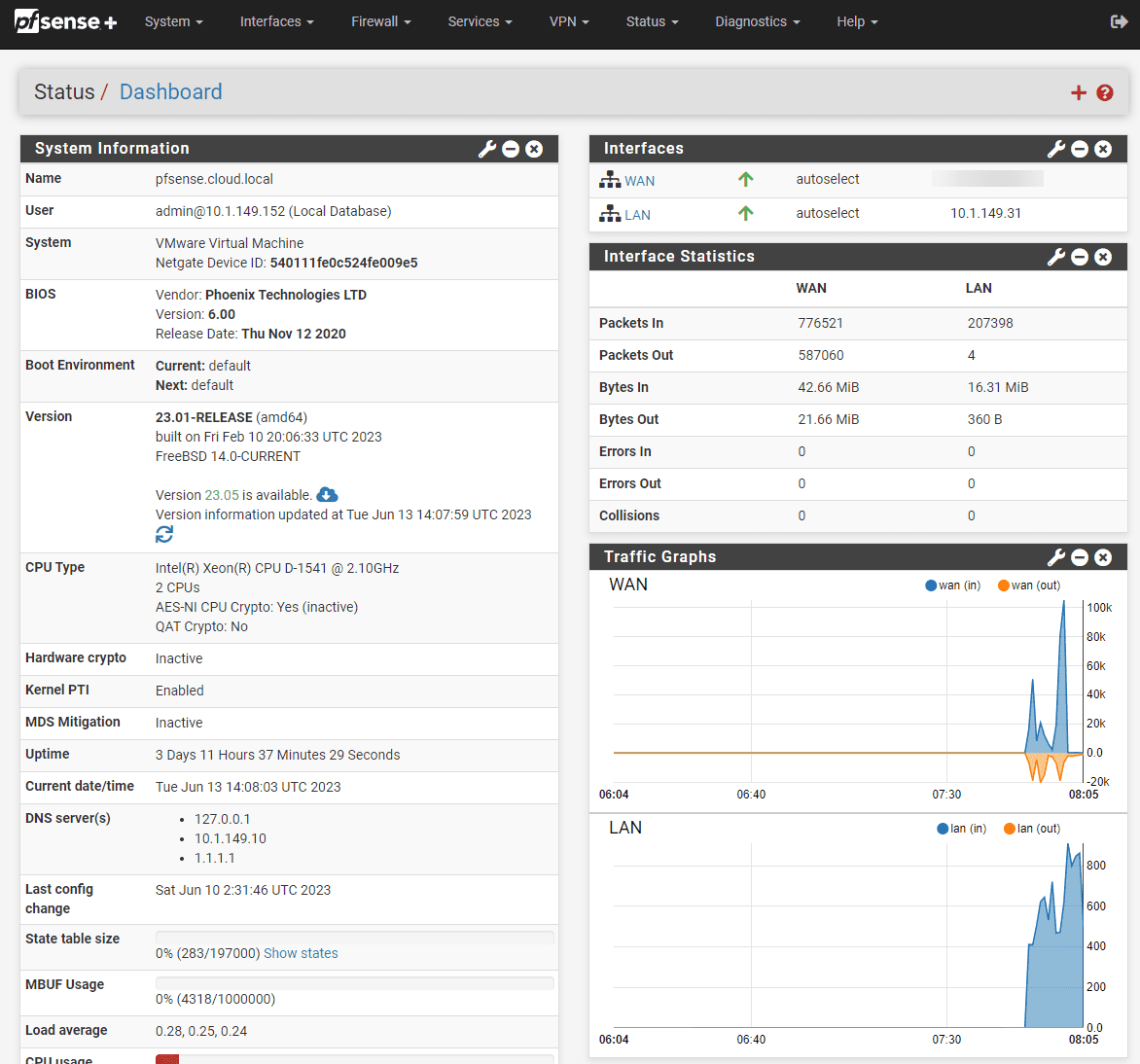 pfSense Plus installation running in the home lab