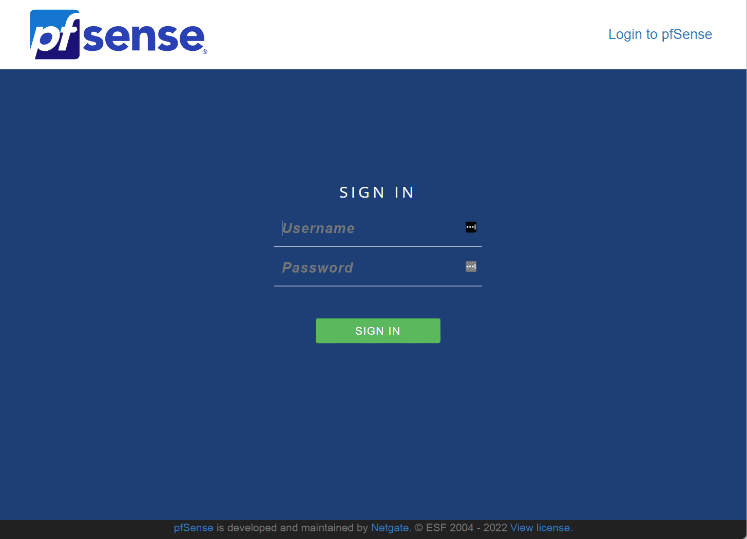 pfSense login screen for the web UI