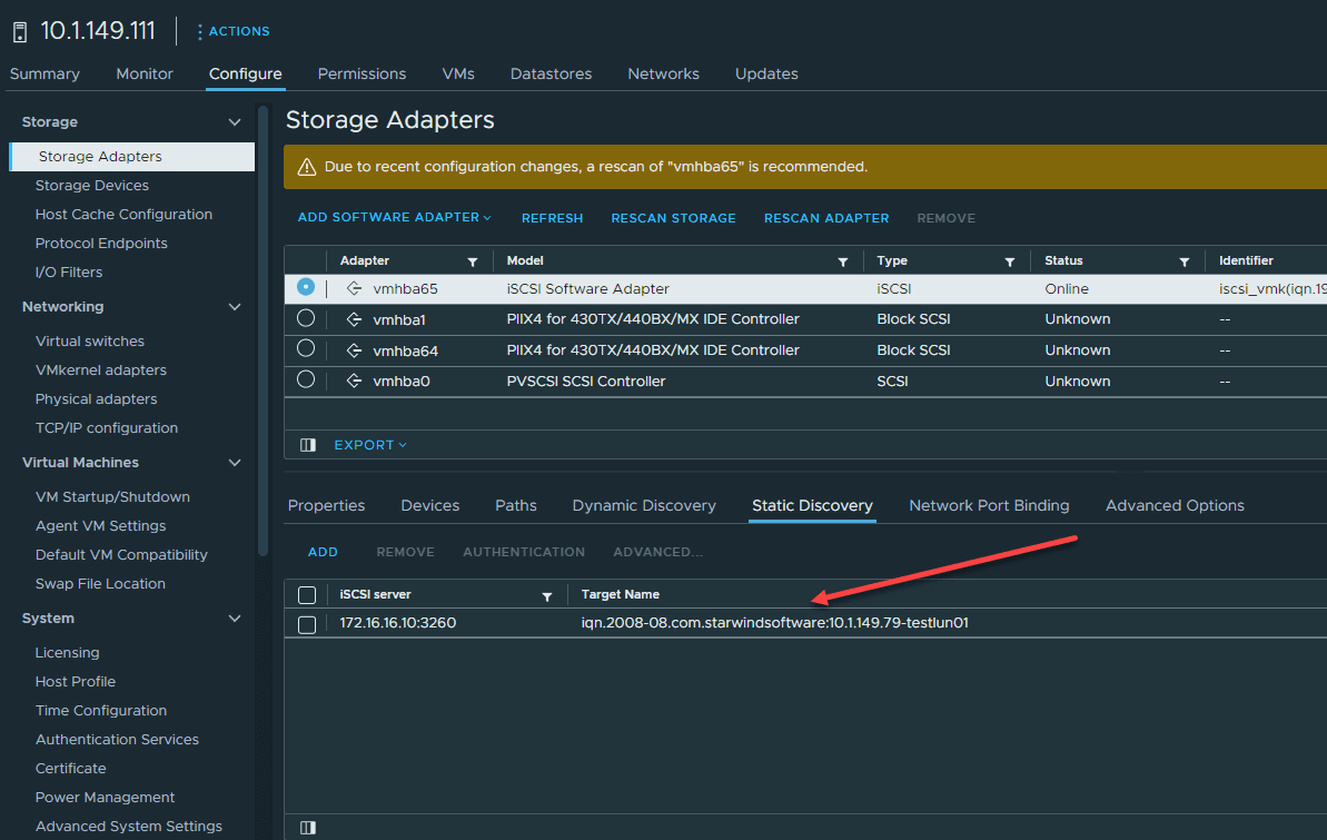 The shared LUN appears in the vSphere iSCSI configuration