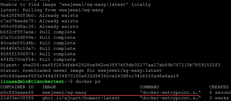 WG Easy Wireguard config generator Docker image pulls down and container is created