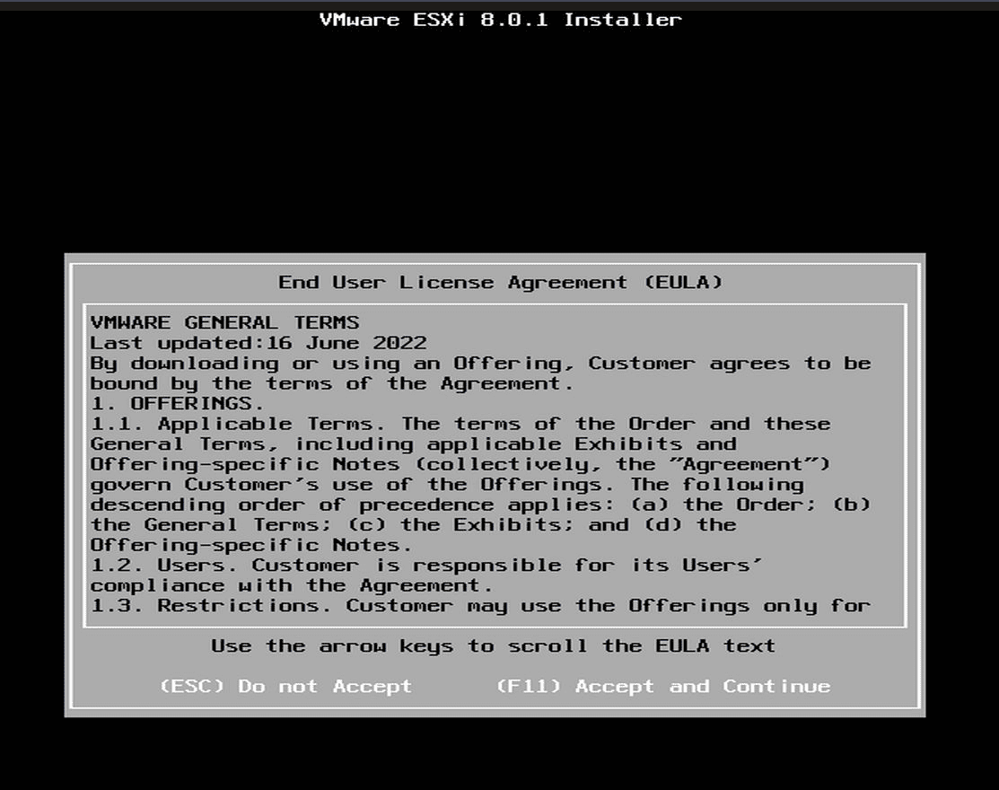 Accepting the VMware ESXi EULA