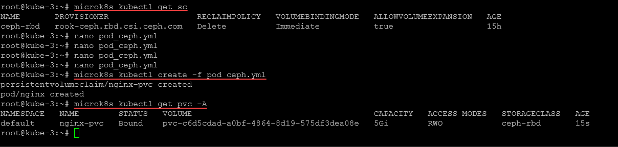 After creating a new pod connected to a PVC on the ceph rbd storage