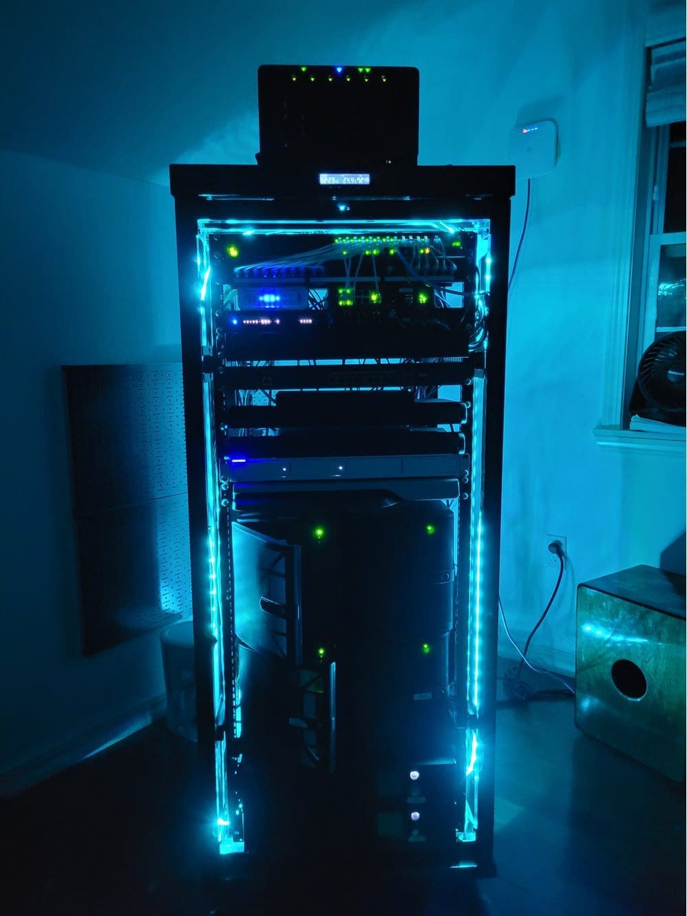Aqua colored RGB home lab rack