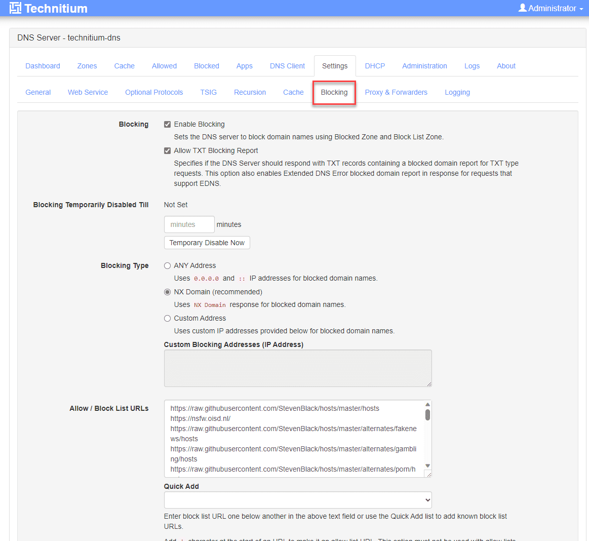 Blocking configuration and ability to add quick block lists