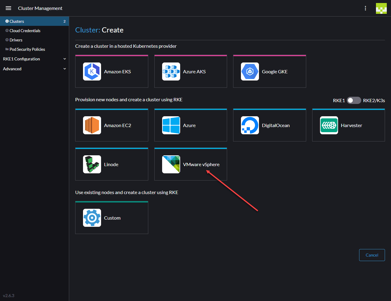 Choose VMware vSphere to use as a hosted provider for creating a new Kubernetes cluster