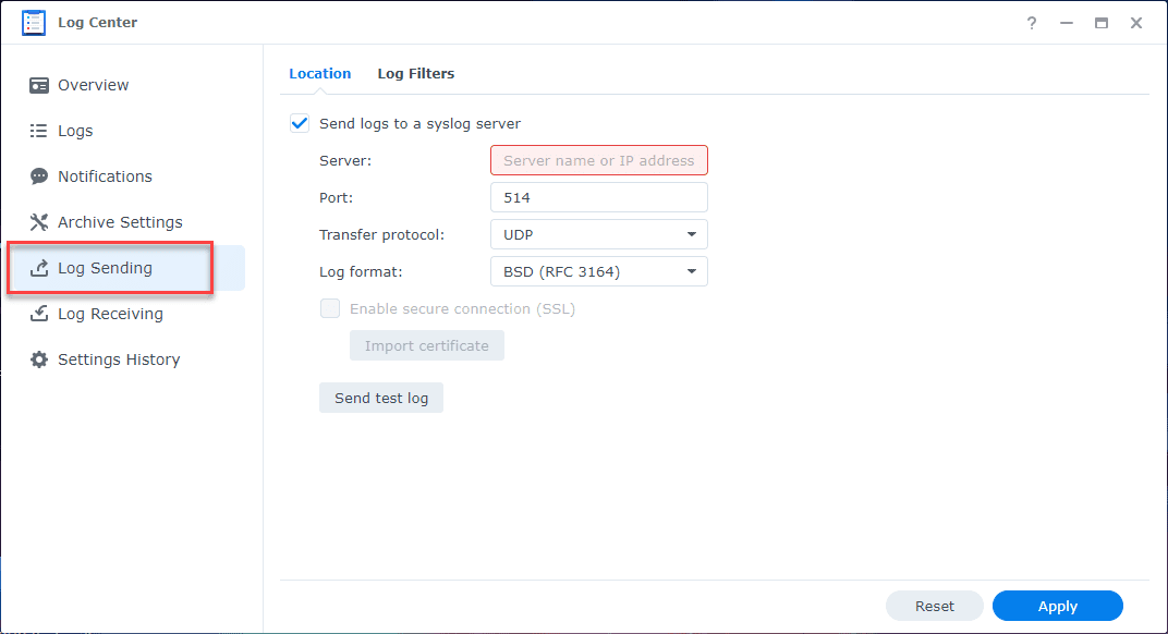 Configuring log sending in Synology Log Center