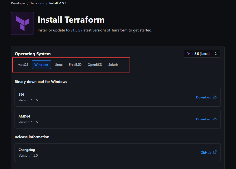 Downloading the terraform binary