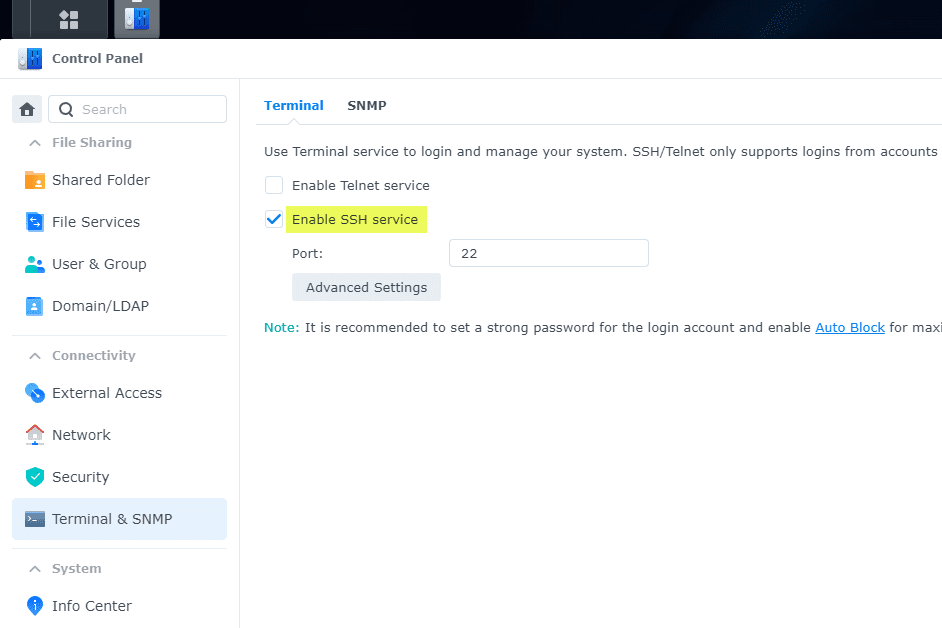 Enabling the SSH service in Synology DSM