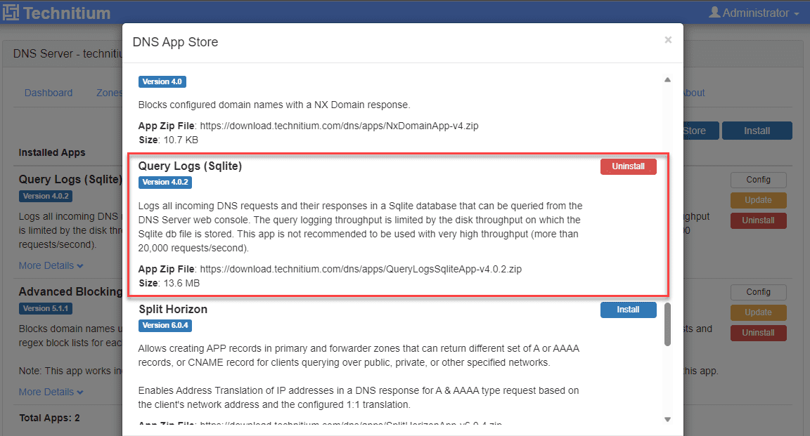 Installing the Query Logs DNS app