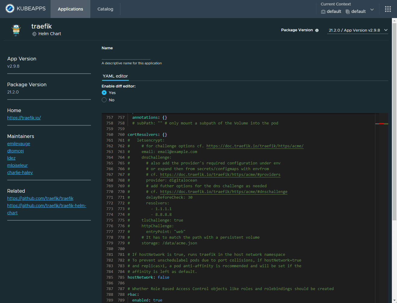 Kubeapps YAML editor