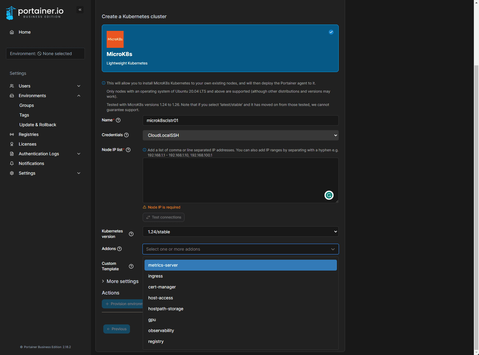 Portainer automates spinning up a new Microk8s cluster