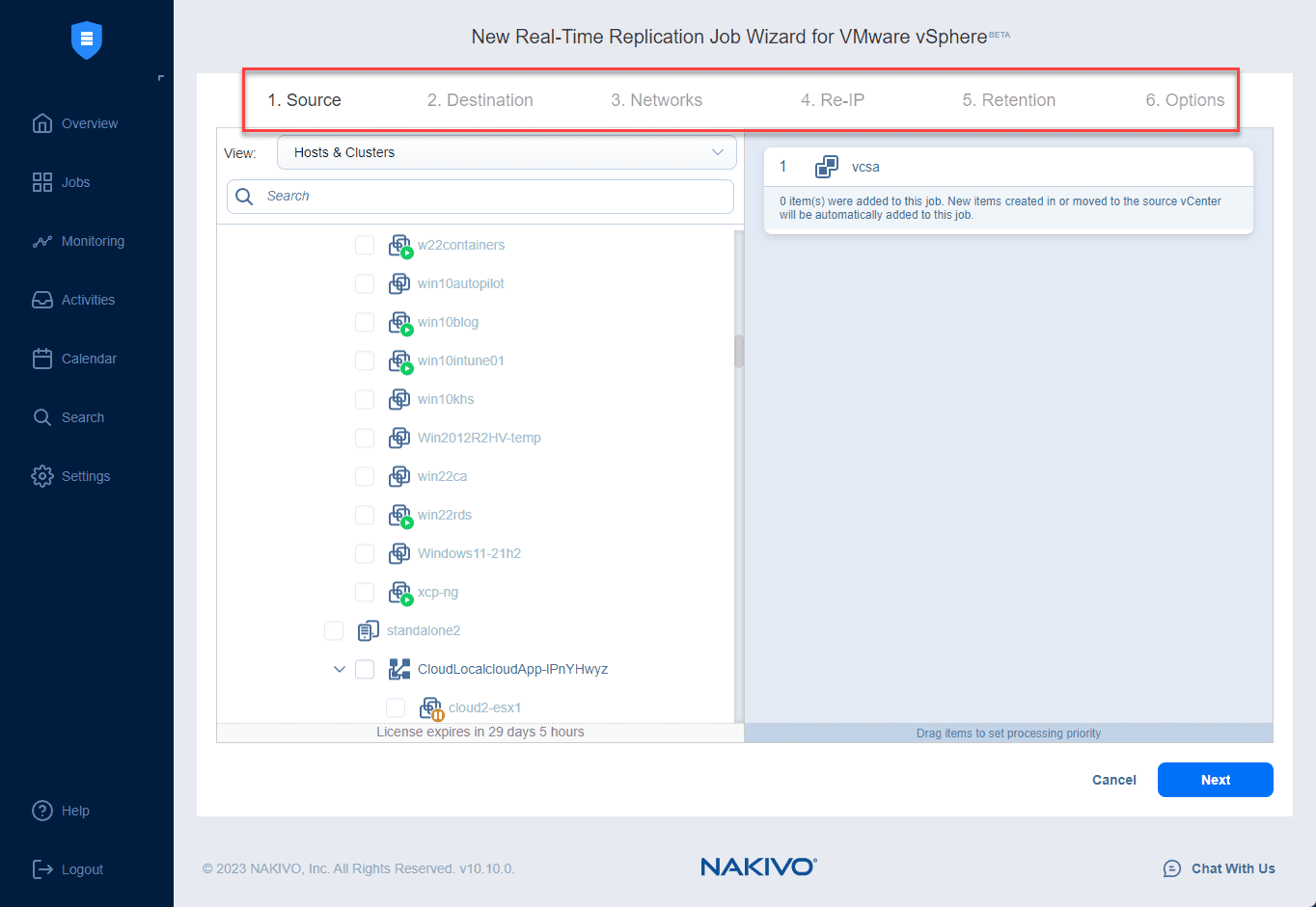 Real time replication job for VMware vSphere wizard