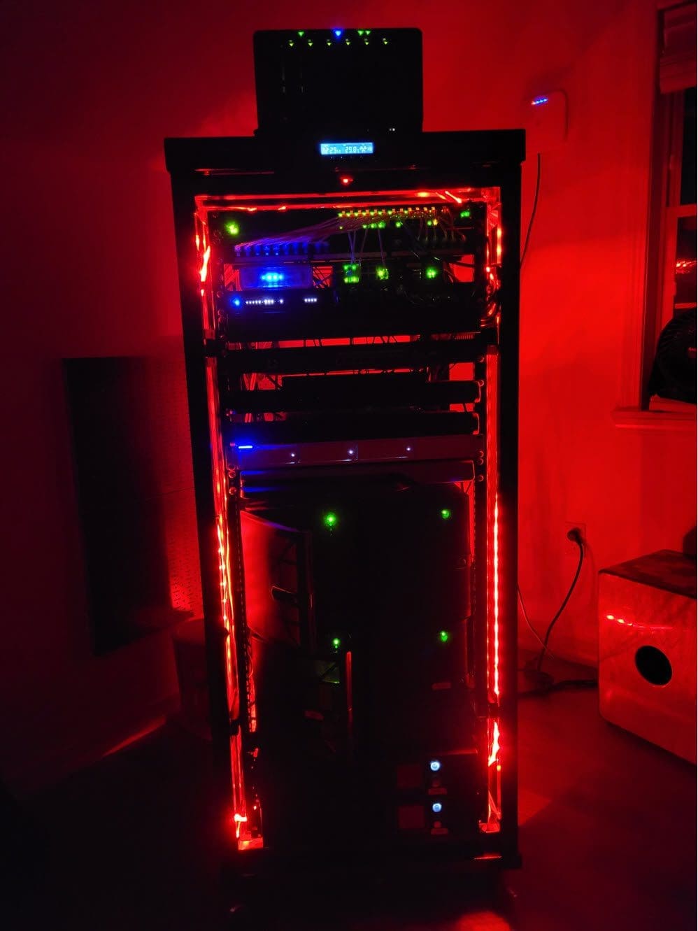 Red RGB lights in home server rack