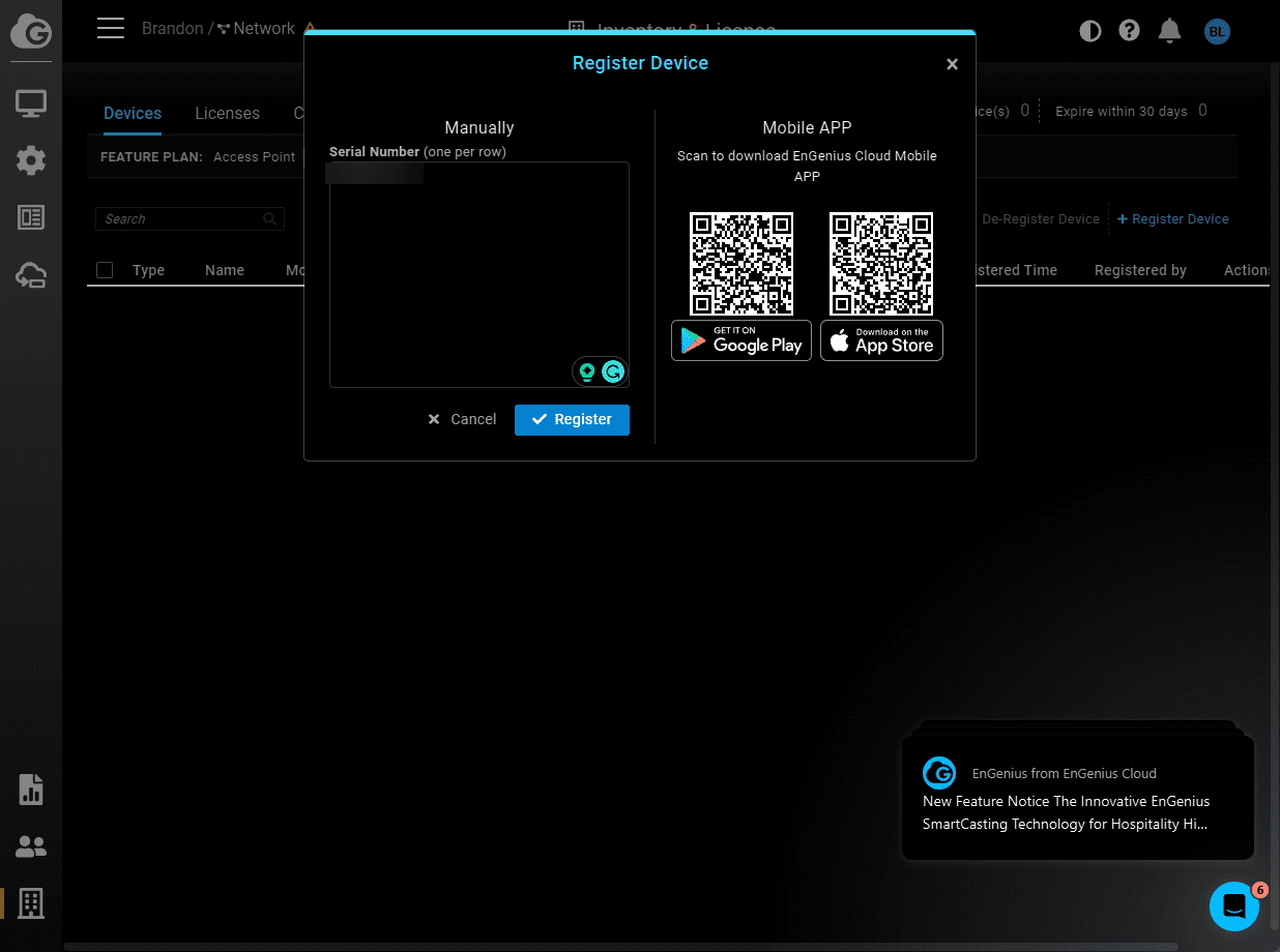 Register a new device by serial or QR code