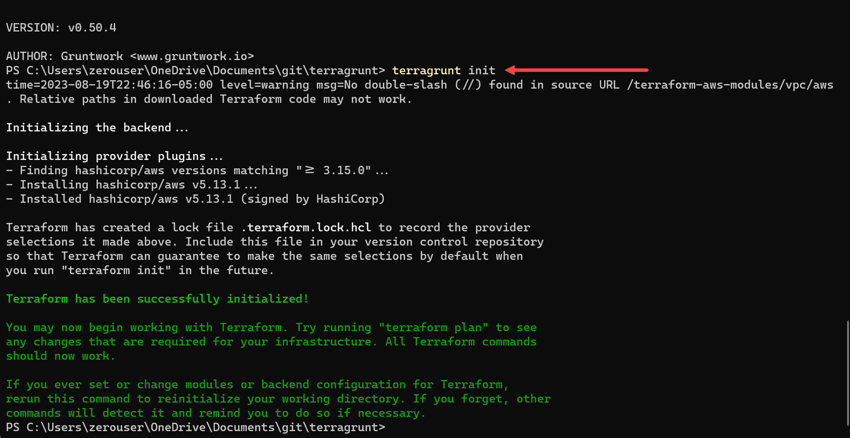 Running terragrunt init from the command line