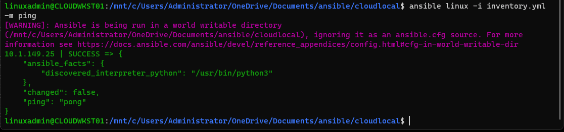 Running the Ansible ping command