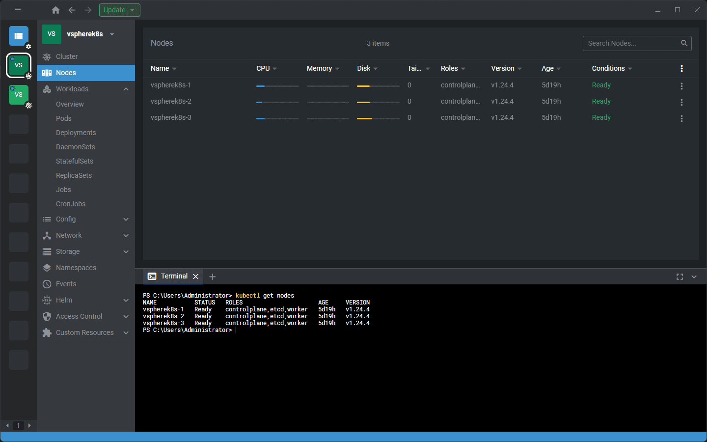 Running the Kubernetes terminal from OpenLens