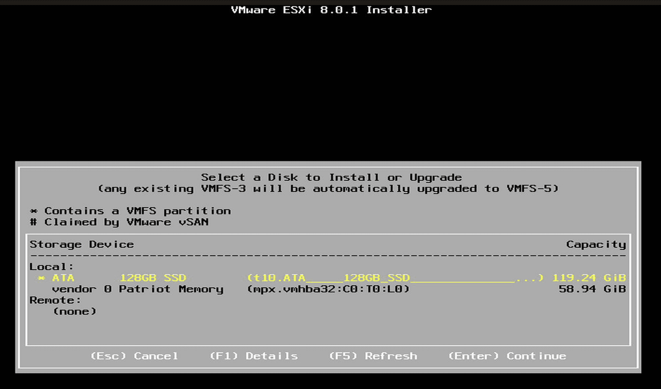 Selecting a disk to install ESXi