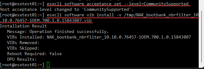 Setting the acceptance level and installing the filter driver in ESXi