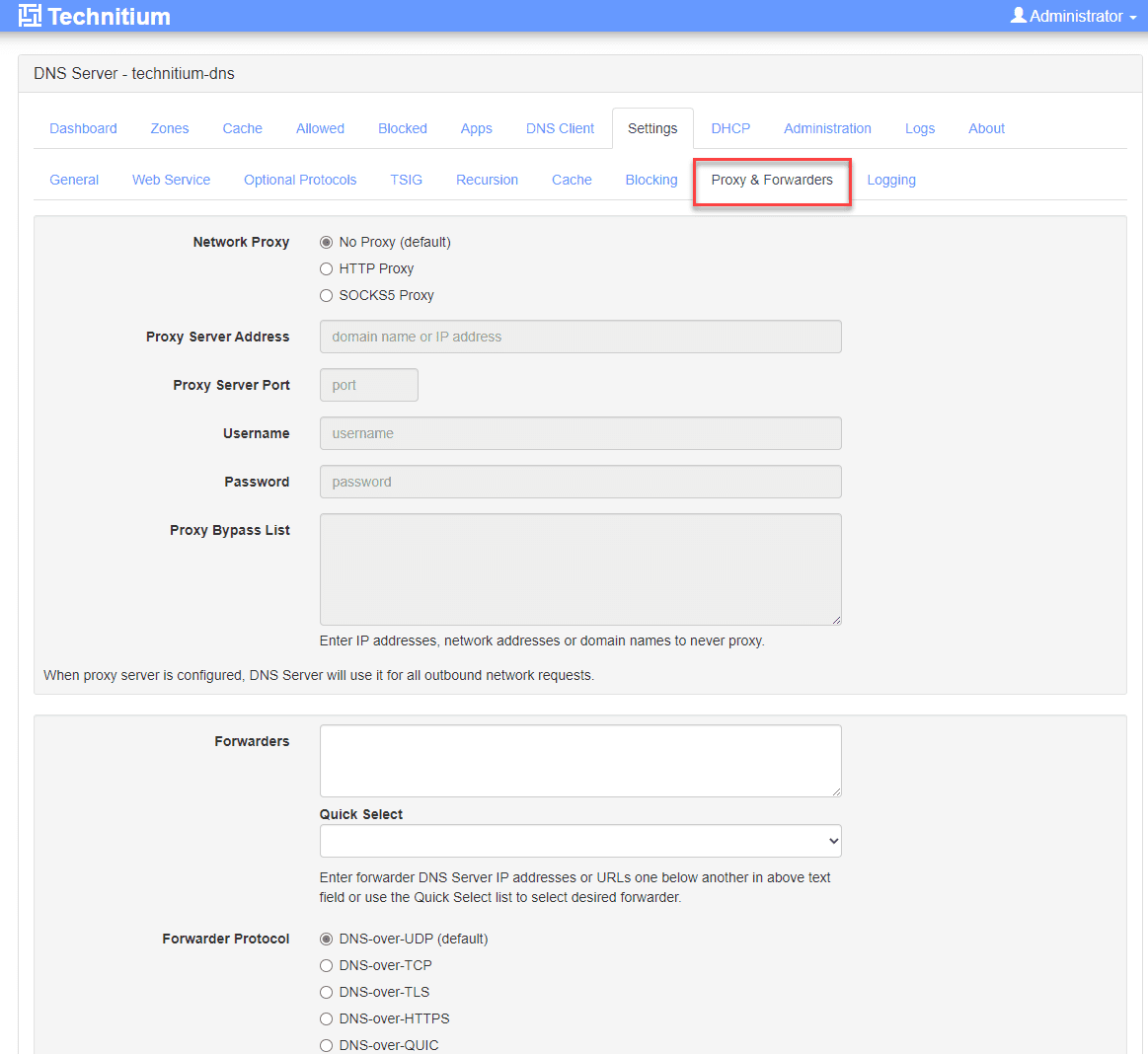 Technitium DNS Server proxy and forwarders configuration