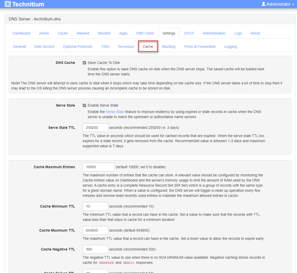 Technitium cache configuration