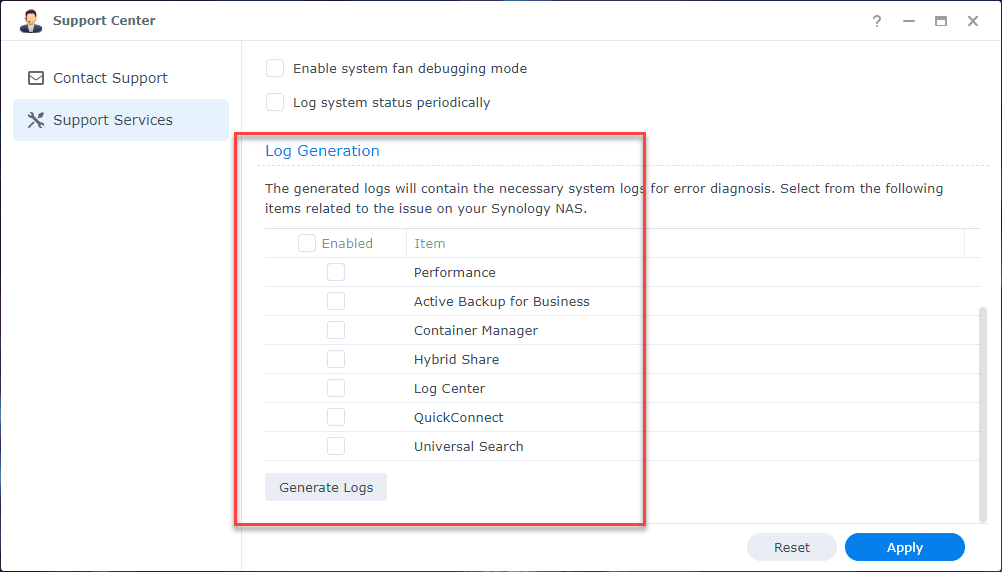 Using the Synology Support Center to create and export log bundles