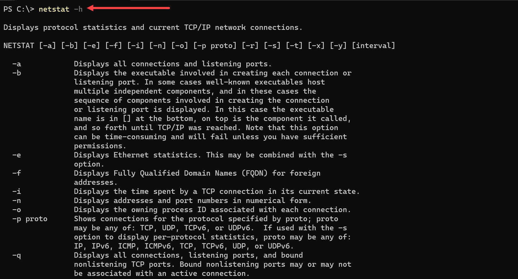 Viewing netstat help parameter