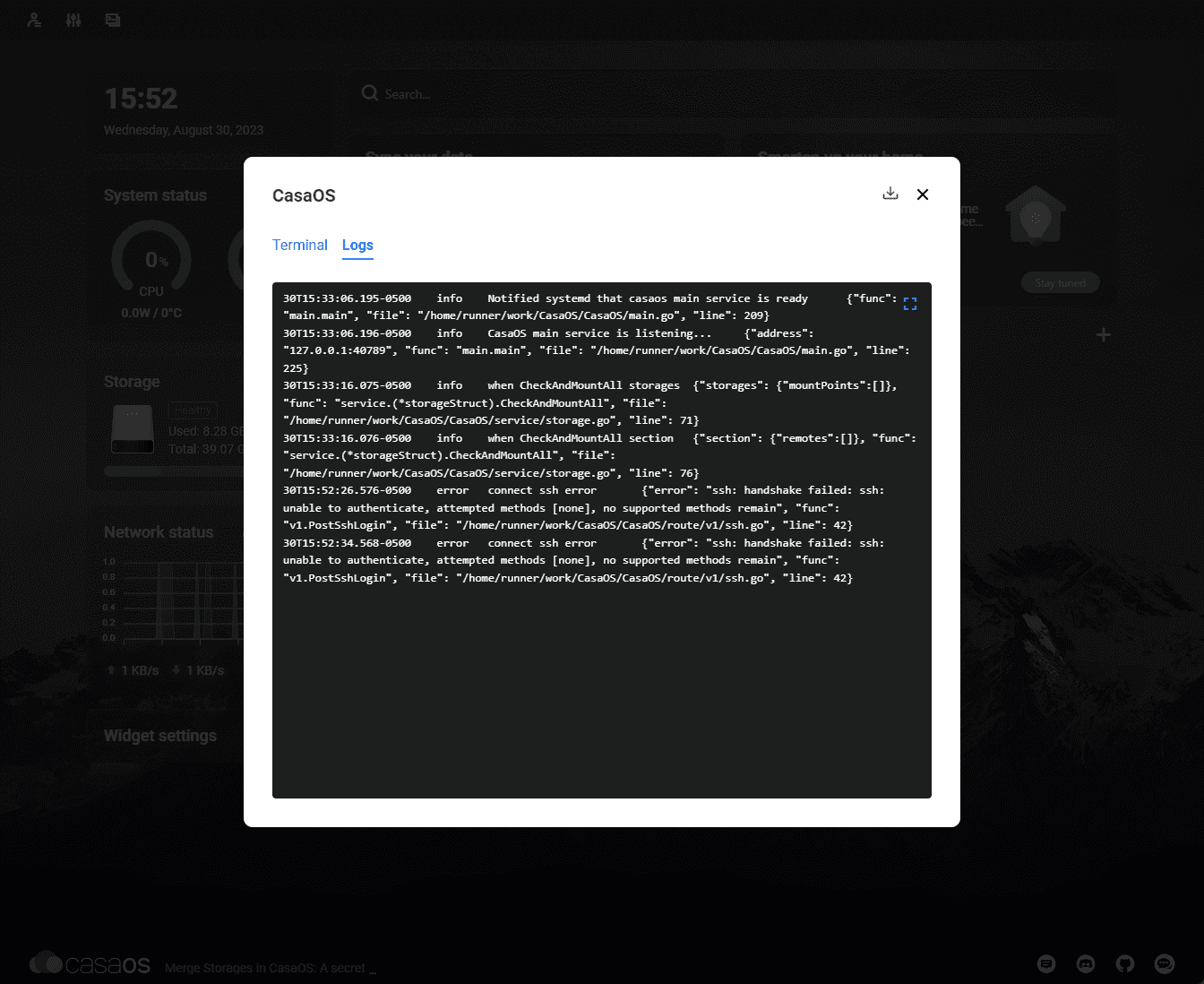 Viewing the terminal logs