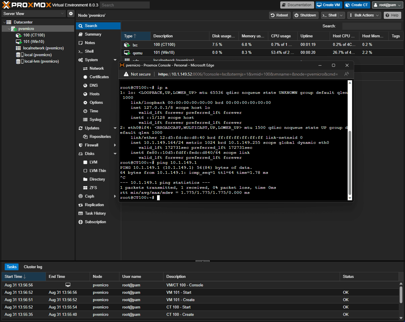 Accessing the lxc container and verifying network