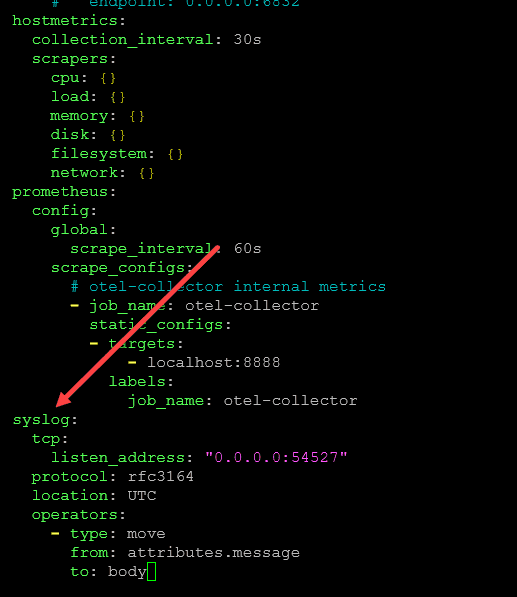 Adding syslog configuration in the otel collector configuration yaml file