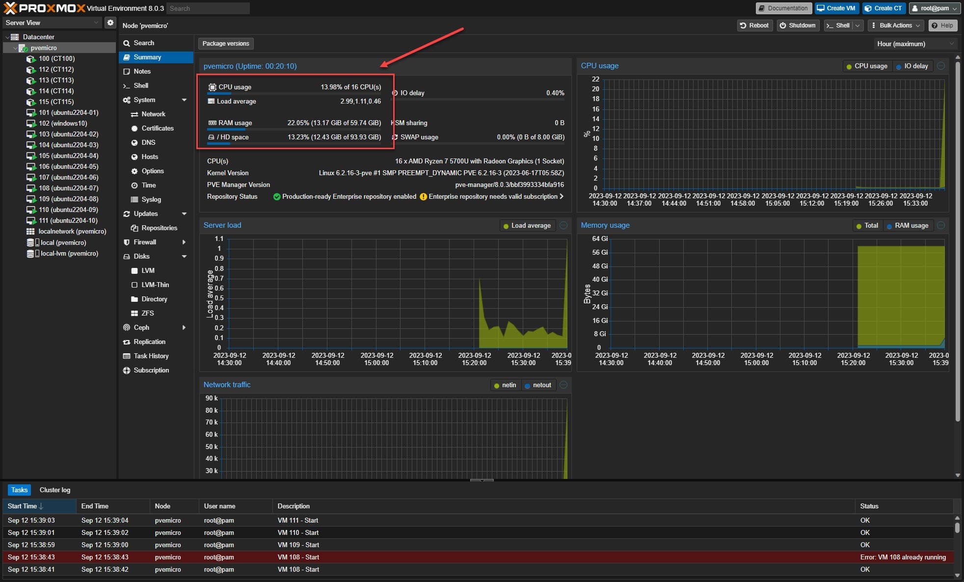 Cpu and ram usage in proxmox with a few workloads