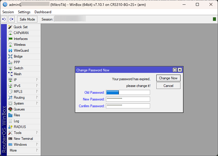 Changing the initial password in winbox