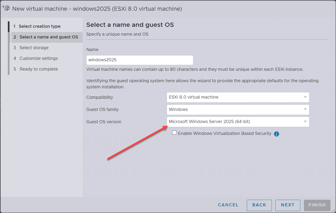 Choosing windows server 2025 in vmware esxi 8.0