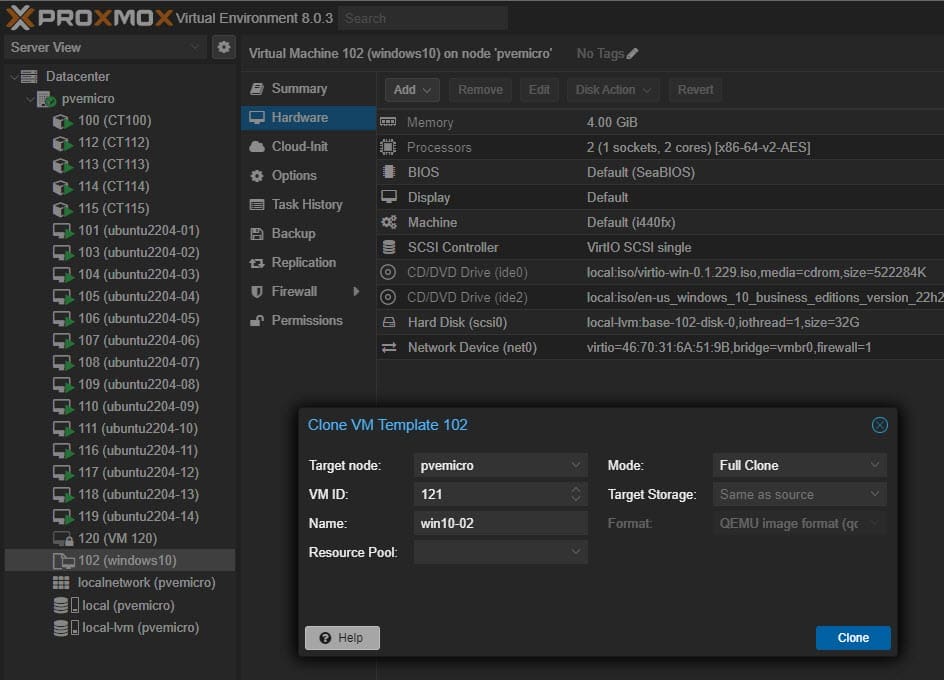 Cloning a windows template in proxmox