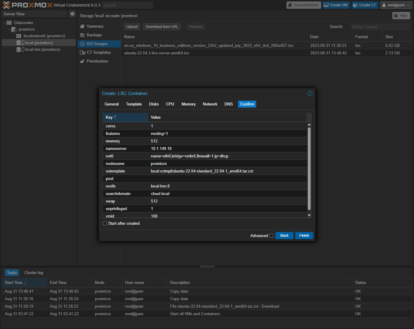 Creating an lxc container in proxmox