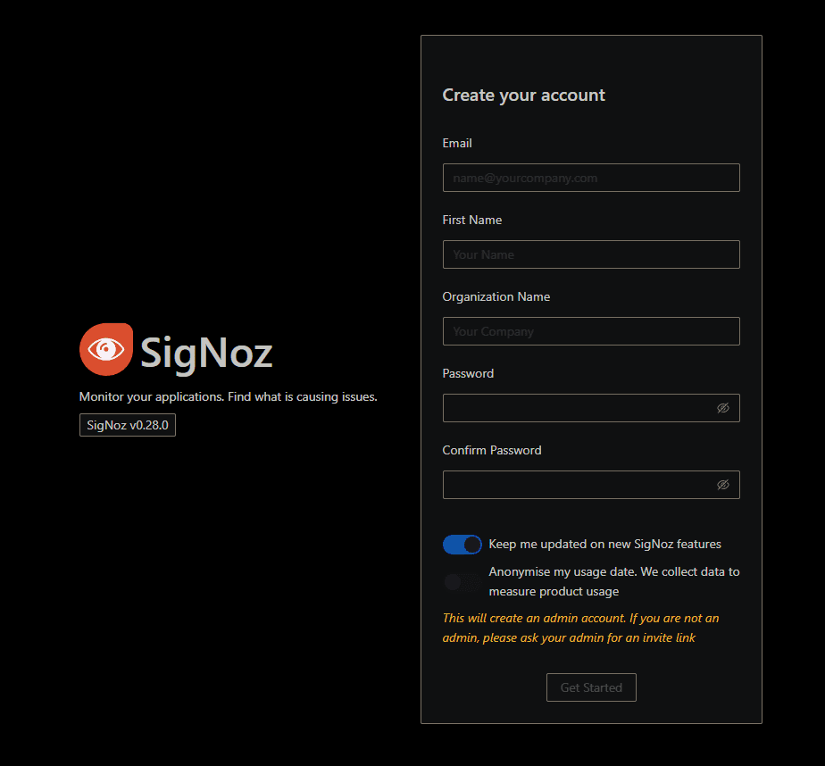 Creating an account and logging into signoz