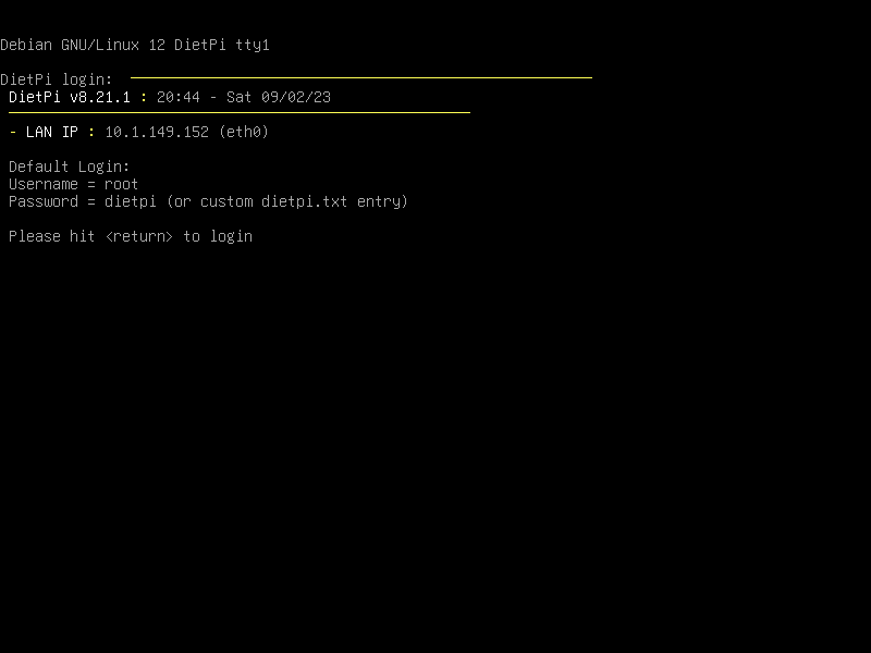 Dietpi fully booted and ip address assigned with dhcp