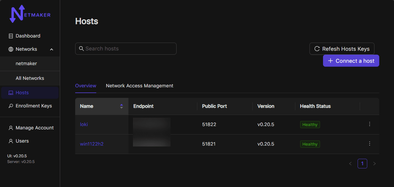 Hosts are connected in the netmaker dashboard
