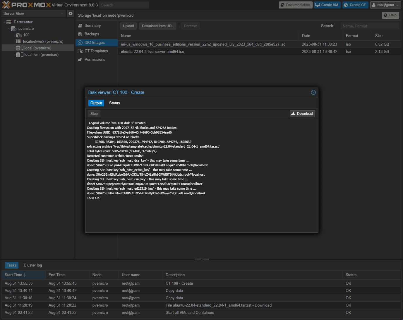 Lxc container created successfully