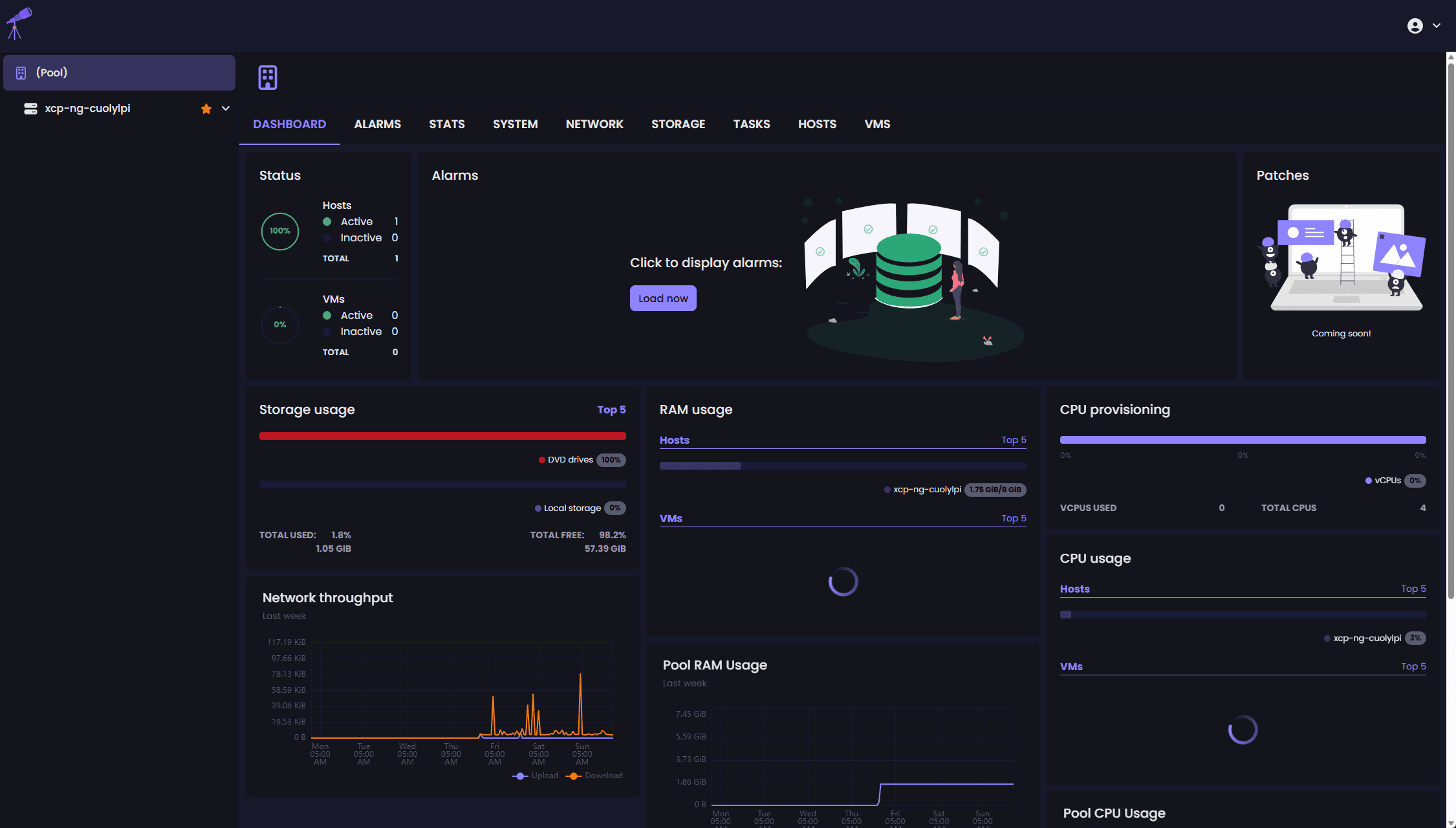 Logged into the xo lite dashboard for xcp ng management