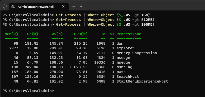 Querying processes that are using a certain amount of memory